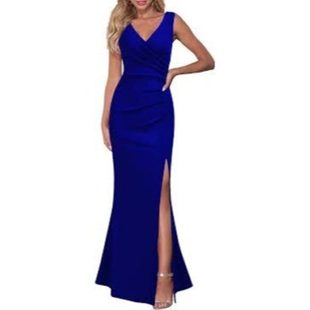 Woosea Sleeveless V Neck Split Evening‎ Cocktail Long Royal Blue Dress M Ref031
